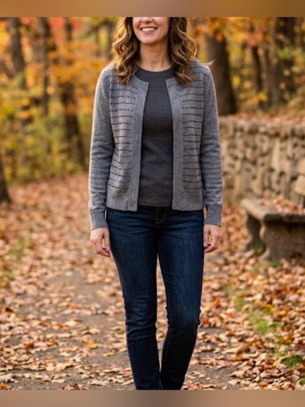 Talbots Beaded Grey Lambswool Cardigan Small